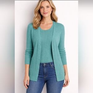 JEANNE PIERRE Teal Ribbed Knit Cardigan & Tank Set Large